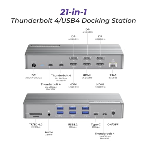 Smartlinx Thunderbolt 4 Dock with DisplayLink - USB-C/A MacBook Docking Station, Chrome, Windows 10/11 Compatible - 21 Ports, Dual/Triple/Quad/5 Monitor Support - 40Gbps, 150W Charging, 8K/4K Display - Image 2