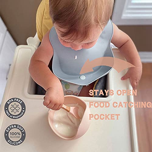Ginbear Silicone Bibs for Babies Girl, Waterproof Adjustable Silicon Rubber Baby Feeding Bibs with Food Catcher Pocket for Toddlers 6 Months+ (Mauve/Baby Pink) - Image 3