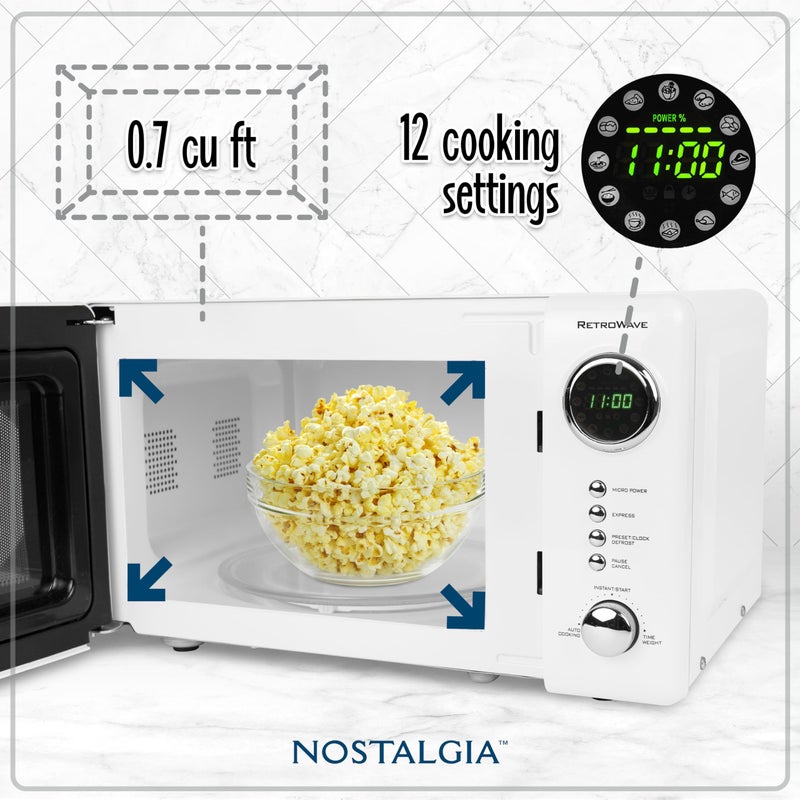 Nostalgia فرن ميكروويف مضغوط ريترو من نوستالجيا - 0.7 قدم مكعب - 700 واط مع شاشة رقمية LED - قفل للأطفال - سهل التنظيف من الداخل - أبيض - Image 2