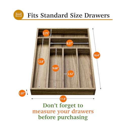 Kiasthome Acacia Wood Silverware Drawer Organizer, Kitchen Utensil Cutlery Drawer Organizer with Dividers, Flatware Organizer, Silverware Tray Holder for Spoons, Forks, 11.8''x16.5'' (6 Slots) - Image 2