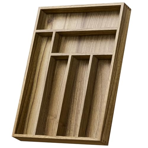 Kiasthome Acacia Wood Silverware Drawer Organizer, Kitchen Utensil Cutlery Drawer Organizer with Dividers, Flatware Organizer, Silverware Tray Holder for Spoons, Forks, 11.8''x16.5'' (6 Slots) - Image 1