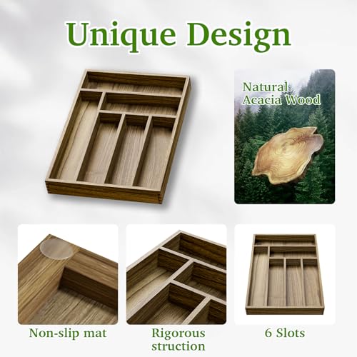 Kiasthome Acacia Wood Silverware Drawer Organizer, Kitchen Utensil Cutlery Drawer Organizer with Dividers, Flatware Organizer, Silverware Tray Holder for Spoons, Forks, 11.8''x16.5'' (6 Slots) - Image 5