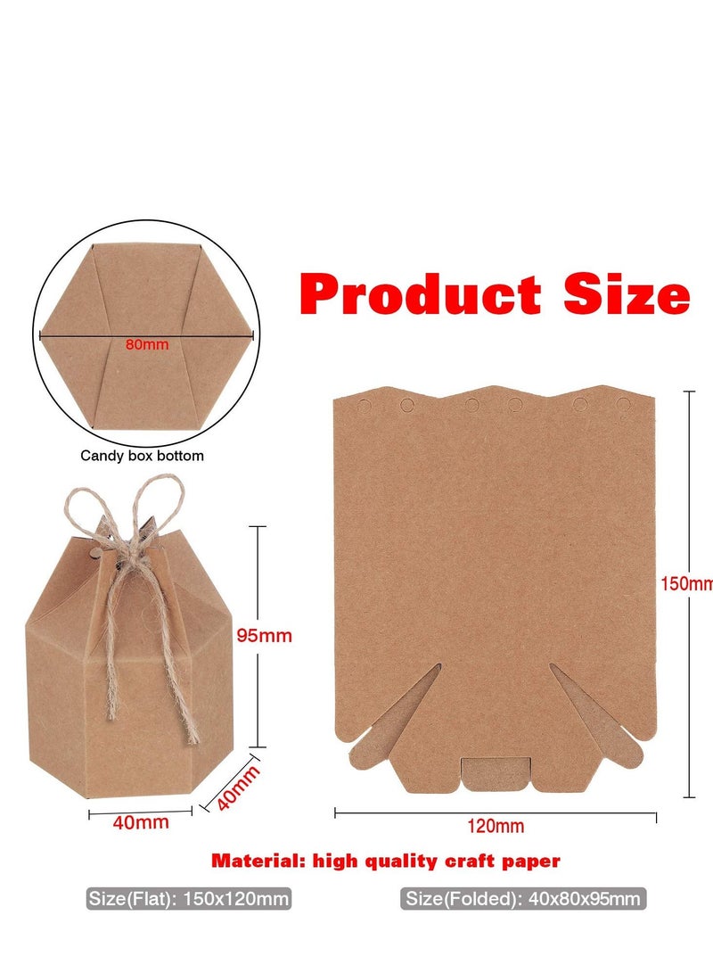 KASTWAVE 50 Pack Paper Gift Boxes Lantern Hexagon Kraft Paper Package Box with Twine Candy Chocolate Gift Packing Wrap with Rope Candy Packaging Box - Image 5