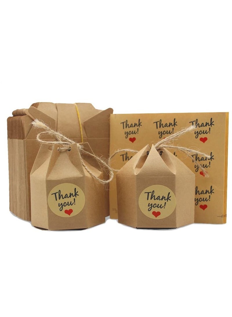 KASTWAVE 50 Pack Paper Gift Boxes Lantern Hexagon Kraft Paper Package Box with Twine Candy Chocolate Gift Packing Wrap with Rope Candy Packaging Box - Image 1