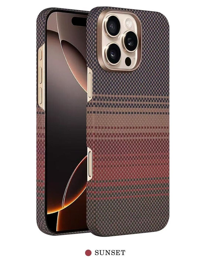 أزتك غطاء أراميد فاخر كيفلار لهاتف آيفون 16 برو إصدار صن ست باللون الأسود والبرتقالي تصميم نحيف وخفيف مقاوم للصدمات متوافق مع MagSafe سطح مطفي مقاوم لبصمات الأصابع حواف مرتفعة لحماية الكاميرا والشاشة تصميم نحيف عملي للجيب ملمس مانع للانزلاق فتحات دقيقة ودعم الشحن اللاسلكي