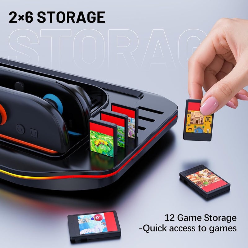 Wechip Multifunctional Charging Station for Switch 2-4 Joypad Controller Charger with LED Indicators, 9 RGB Light Effects, 12 Game Card Slots Desktop Organizer - Image 2