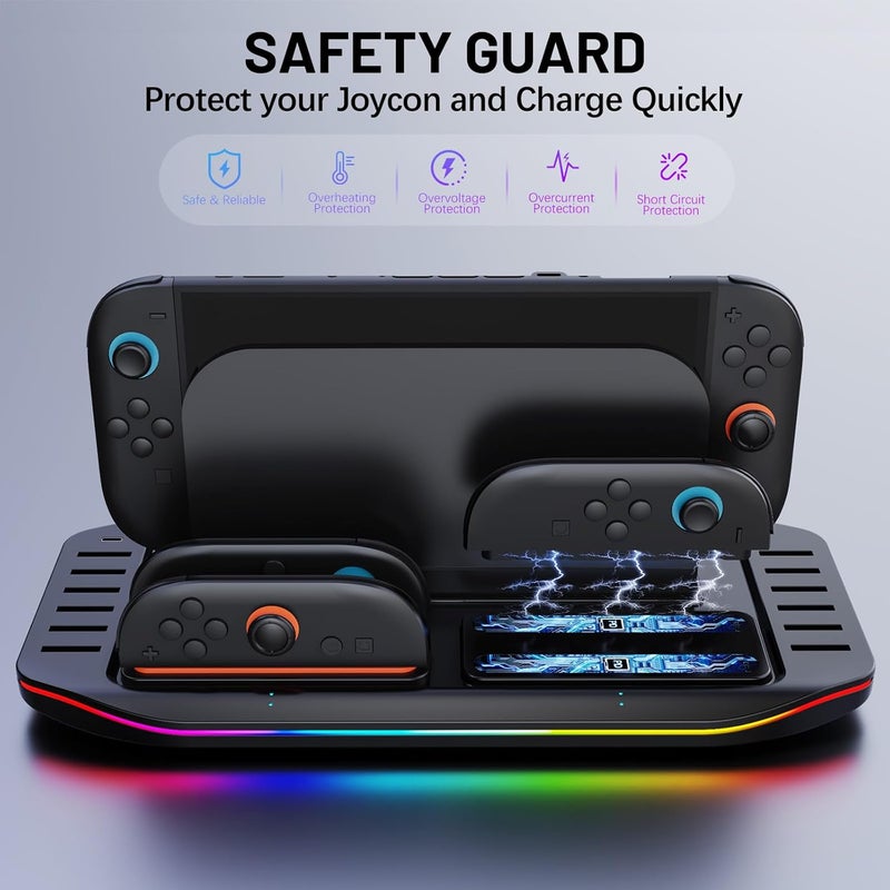 Wechip Multifunctional Charging Station for Switch 2-4 Joypad Controller Charger with LED Indicators, 9 RGB Light Effects, 12 Game Card Slots Desktop Organizer - Image 4