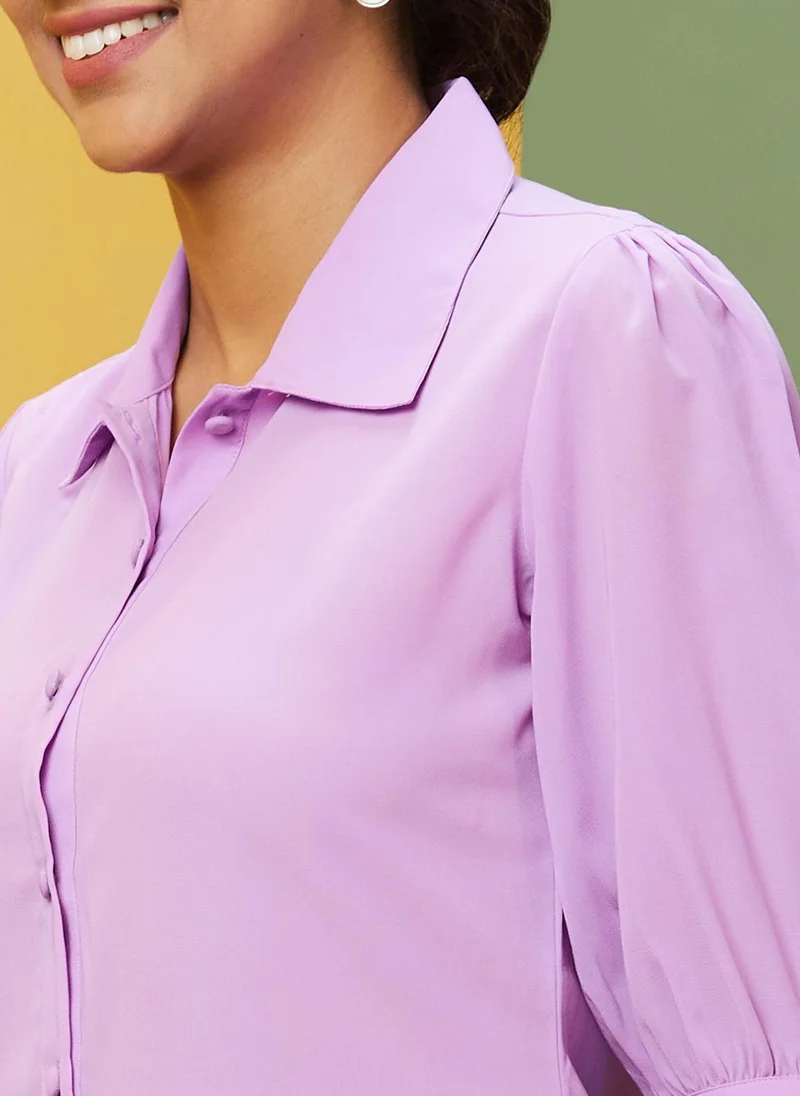 globus Globus Women Lavender Shirt Collar Puff Sleeve Shirt Style Top