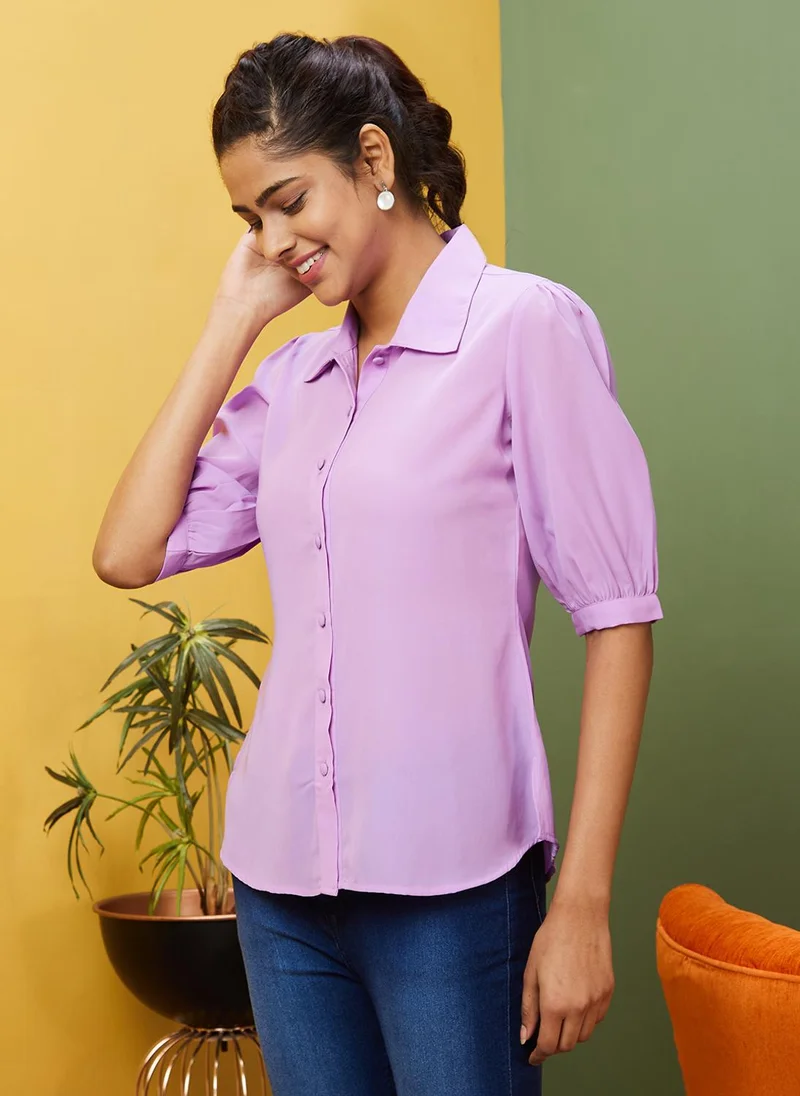 globus Globus Women Lavender Shirt Collar Puff Sleeve Shirt Style Top