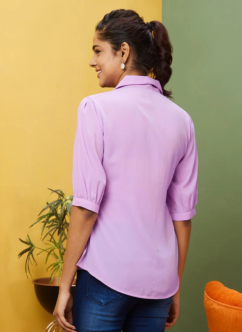 globus Globus Women Lavender Shirt Collar Puff Sleeve Shirt Style Top