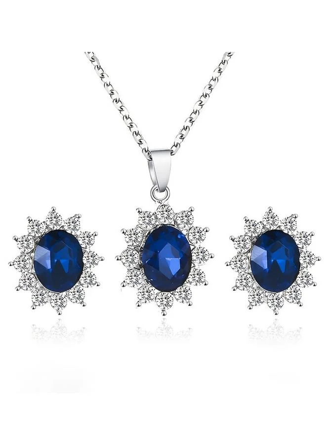 Take Two Big Blue Rhinestone Pendant Necklace with Earrings Set