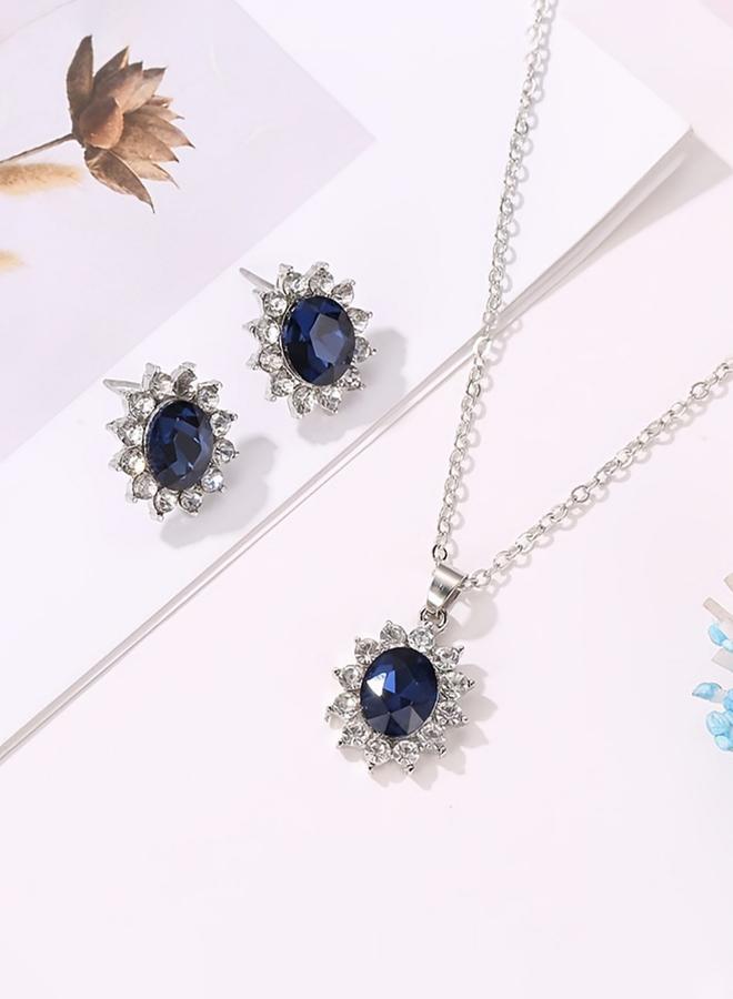 Take Two Big Blue Rhinestone Pendant Necklace with Earrings Set - Image 2