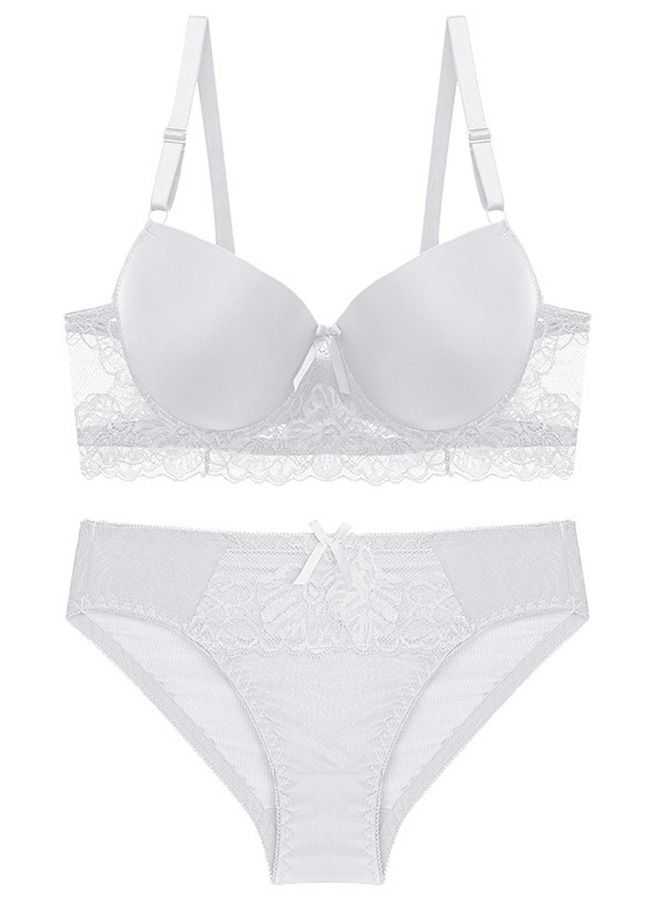 Solid Color B C Cup Thin Cup Lace Bra Panty Set White