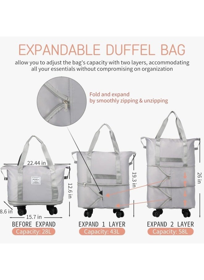 GGEROU - Travel Duffle Bag with Wheels, Expandable Foldable Duffle Bag, Rolling Luggage bag Carry on Duffel Bag, Shoulder Weekender Overnight Bag , Grey - Image 1