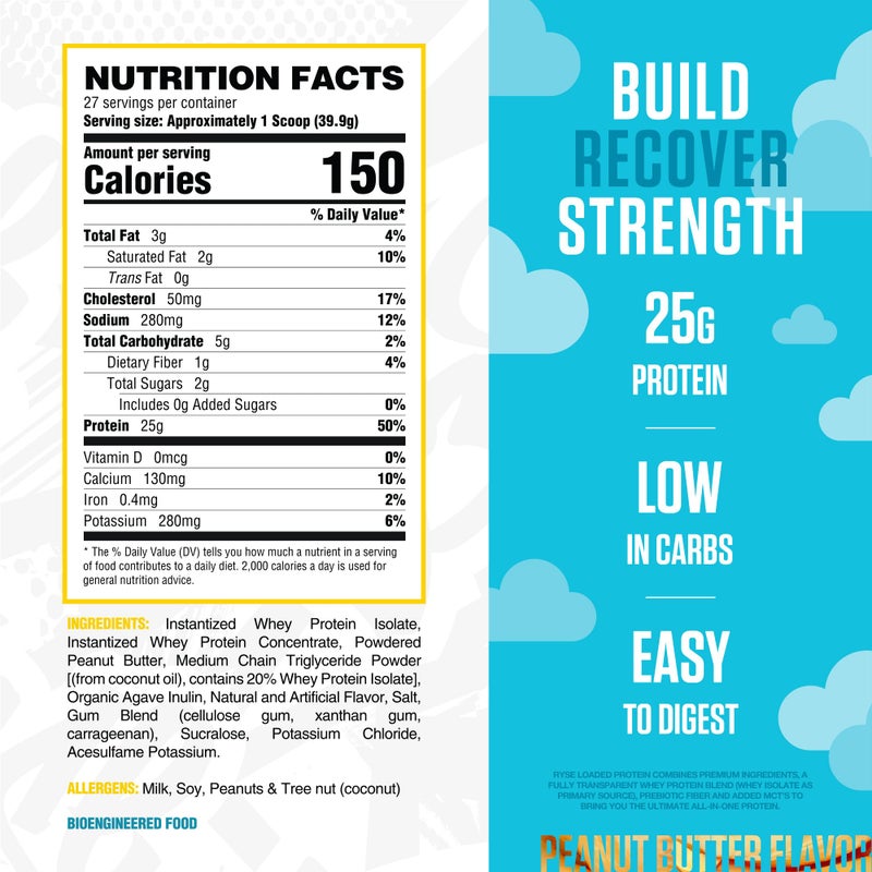RYSE Up Supplements RYSE Loaded Protein Powder - Skippy Peanut Butter - 25g Whey Protein Isolate & Concentrate with Prebiotic Fiber & MCTs - Low Carb, Low Sugar, Digestive-Friendly - 27 Servings / 2 lb Tub - Image 2
