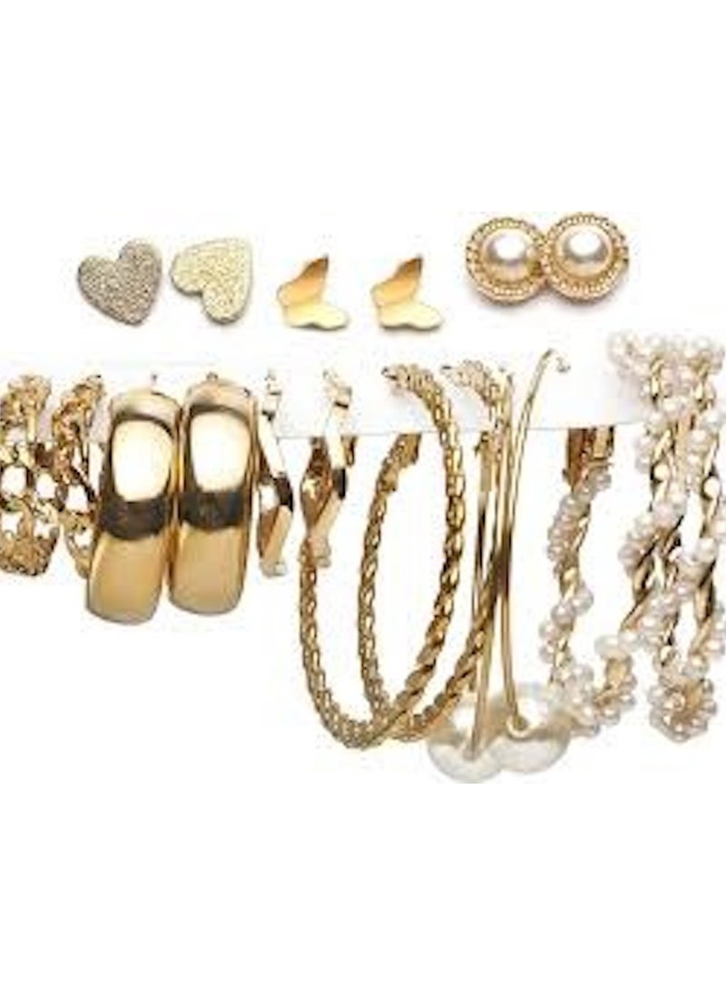 Huitich Elegant Gold Colour Tone Hoop & Stud Earrings Set – 9 Pairs with Pearl & Textured Designs  - Image 1