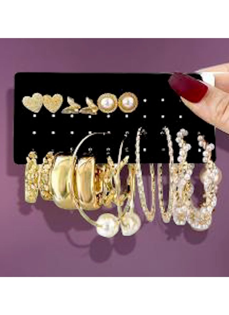 Huitich Elegant Gold Colour Tone Hoop & Stud Earrings Set – 9 Pairs with Pearl & Textured Designs  - Image 2