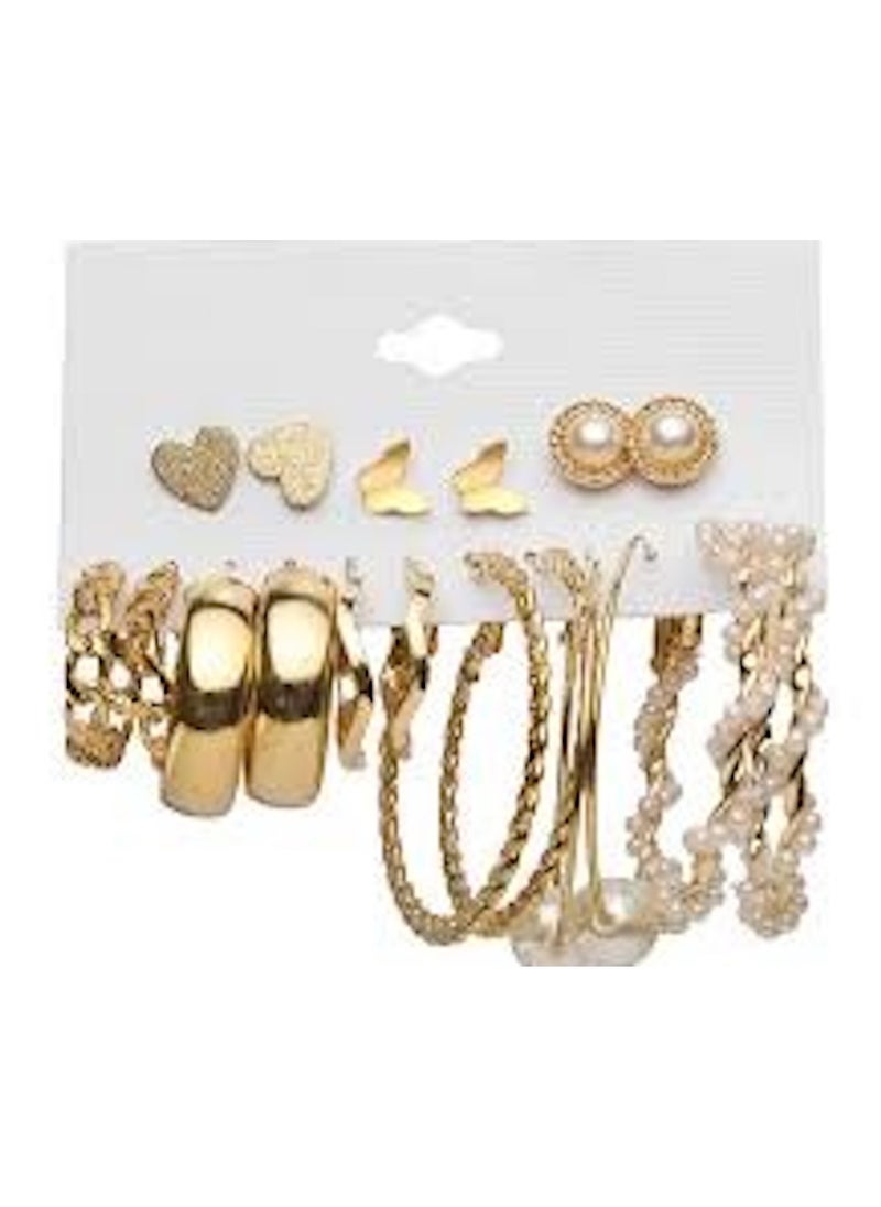 Huitich Elegant Gold Colour Tone Hoop & Stud Earrings Set – 9 Pairs with Pearl & Textured Designs  - Image 3