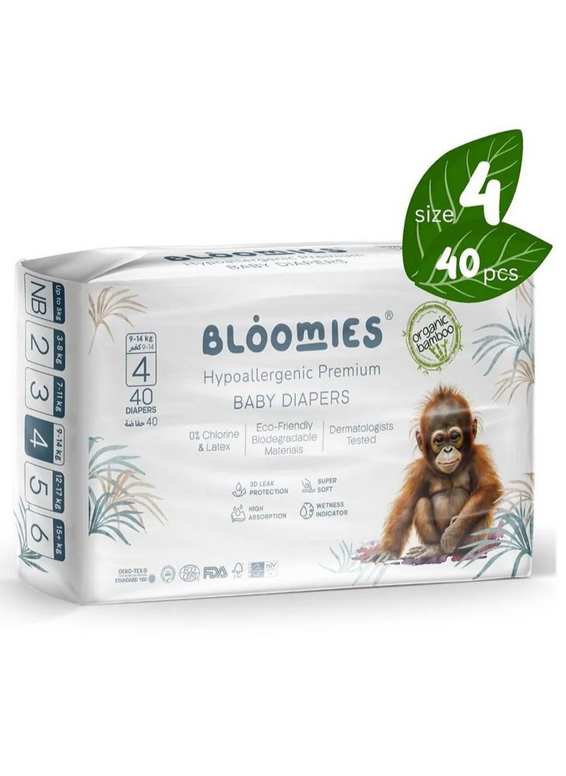 Bloomies Bloomies Organic Bamboo Premium Tape Style Baby Diapers, 40 Pieces, Size 4, Hypoallergenic, 3D Leak Protection, Wetness Indicator, Super Soft 