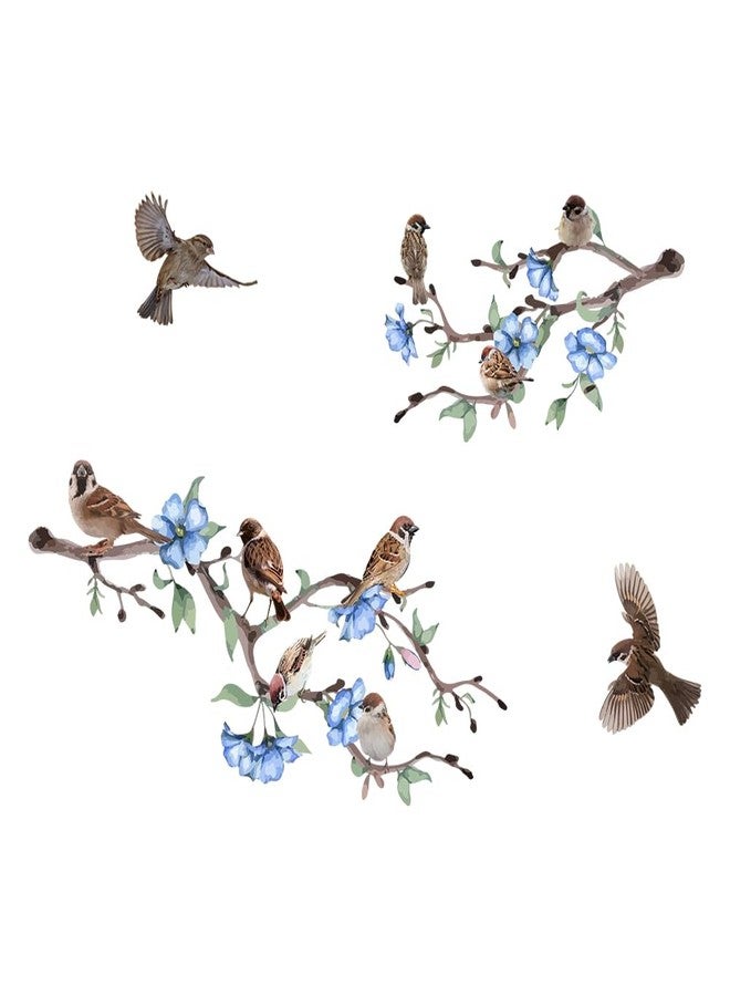 SUPERDANT Bird on The Tree Branch Wall Sticker Blue Flowers and Flying Sparrow DIY Art Vinyl Wall Decal Self-Adhesive Wall Decoration for Garden Living Room Bedroom Playroom Nursery Room - Image 1