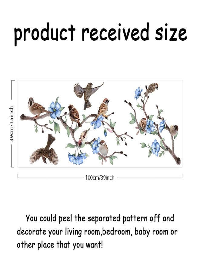 SUPERDANT Bird on The Tree Branch Wall Sticker Blue Flowers and Flying Sparrow DIY Art Vinyl Wall Decal Self-Adhesive Wall Decoration for Garden Living Room Bedroom Playroom Nursery Room - Image 2