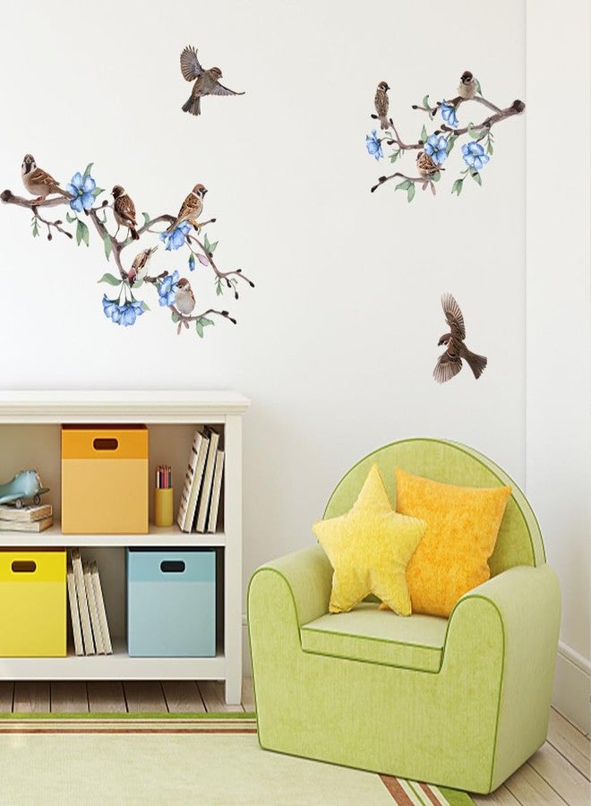 SUPERDANT Bird on The Tree Branch Wall Sticker Blue Flowers and Flying Sparrow DIY Art Vinyl Wall Decal Self-Adhesive Wall Decoration for Garden Living Room Bedroom Playroom Nursery Room - Image 4