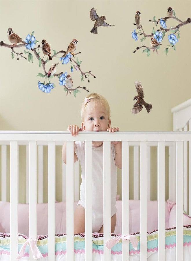SUPERDANT Bird on The Tree Branch Wall Sticker Blue Flowers and Flying Sparrow DIY Art Vinyl Wall Decal Self-Adhesive Wall Decoration for Garden Living Room Bedroom Playroom Nursery Room - Image 3