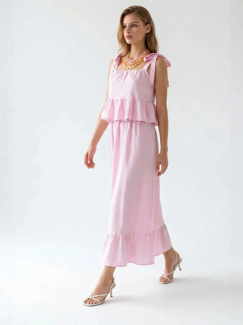 Mixray Powder Pink MIXRAY Women's Sleeveless A-line Midi Dress for Women | Best Price UAE