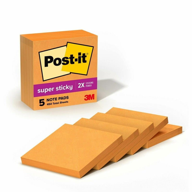 Post-it Super Sticky Notes, 5 Sticky Note Pads, 3 x 3 in., School Supplies, Office Products, Sticky Notes for Vertical Surfaces, Monitors, Walls and Windows, Vital Orange - Image 1