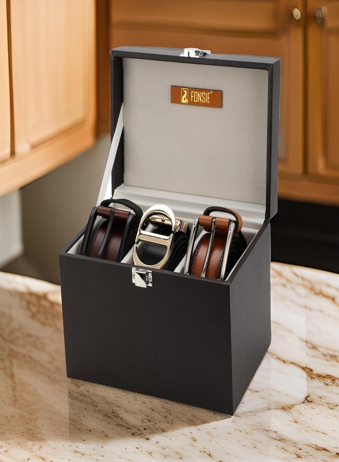 Fonsie® Brown Belt Organizer Rack Box for Wardrobe, Closet, Drawer Storage organizing Belts Holder Faux Leather 3 Slot. - Image 1