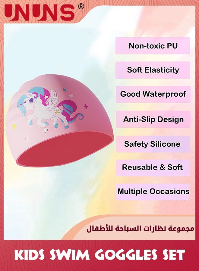 UNUNS نظارات سباحة للأطفال، مجموعة سباحة ذات رؤية واسعة مع قبعة سباحة للأولاد والبنات من سن 3 إلى 14 عامًا، نظارات واقية مضادة للضباب بنسبة 100% من الأشعة فوق البنفسجية مع غطاء للأنف، سدادات أذن متصلة، نظارات واقية لا تتسرب، وحيد القرن الوردي - Image 2