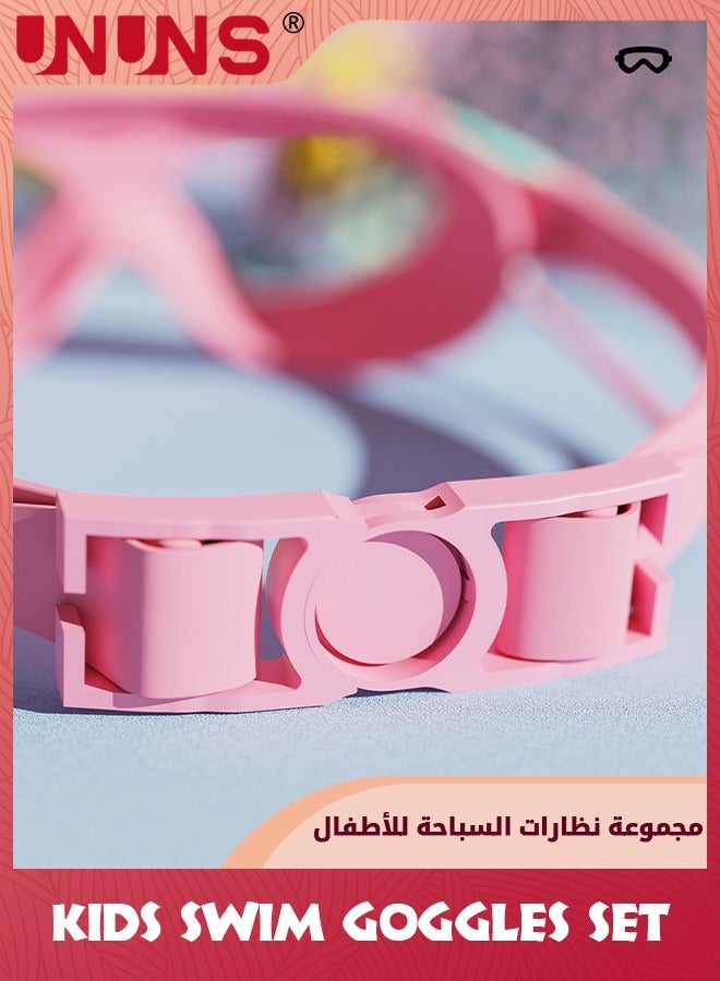 UNUNS نظارات سباحة للأطفال، مجموعة سباحة ذات رؤية واسعة مع قبعة سباحة للأولاد والبنات من سن 3 إلى 14 عامًا، نظارات واقية مضادة للضباب بنسبة 100% من الأشعة فوق البنفسجية مع غطاء للأنف، سدادات أذن متصلة، نظارات واقية لا تتسرب، وحيد القرن الوردي - Image 4