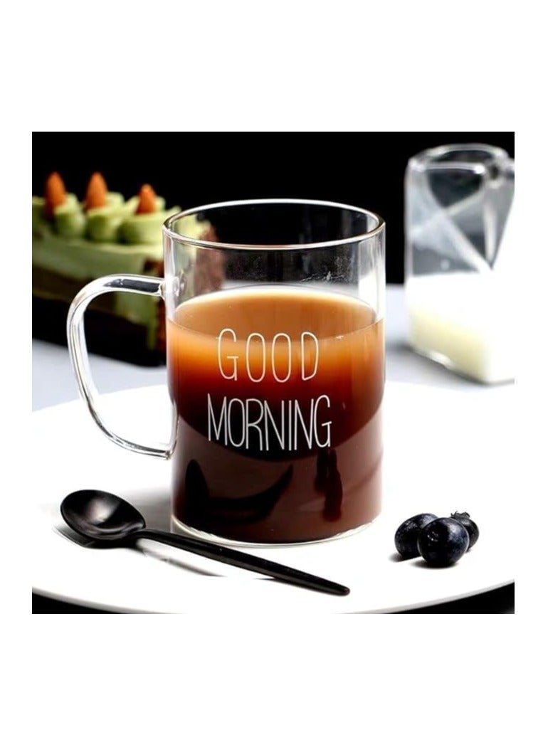 Spaceshoop Premium Thermal Glass Mugs with Printed Good Morning and Handles for Juice Tea Coffee 450ml - Image 1