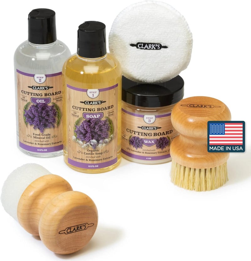 CLARKS Cutting Board Care Kit  Includes Mineral Oil  Finishing Wax 6oz  Applicator  Scrub Brush  Buffing Pad  Infused with Lavender and Rosemary Extract  Features Clarks Cutting Board Wax
