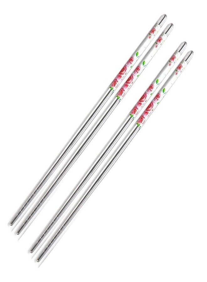 ikis Chopsticks 2 Pairs Metal Chopstick 23cm Long Reusable Chop Sticks for Noodles Sushi Hotpot Lightweight and Easy to Use (Red Rose Design) - Image 1