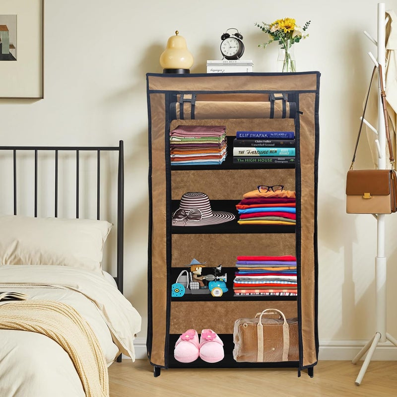 PHILOSHOP PHILOSHOP 4 Layer Collapsible Wardrobe Clothes Storage Rack Quick Wardrobe Maximize Your Space with Style for Multipurpose Use Foldable Collapsible Fabric Organizer DIY Biege Metal - Image 1