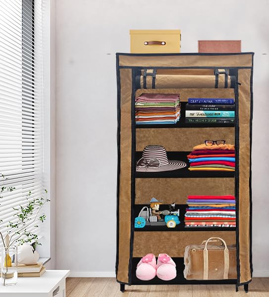 PHILOSHOP PHILOSHOP 4 Layer Collapsible Wardrobe Clothes Storage Rack Quick Wardrobe Maximize Your Space with Style for Multipurpose Use Foldable Collapsible Fabric Organizer DIY Biege Metal - Image 5
