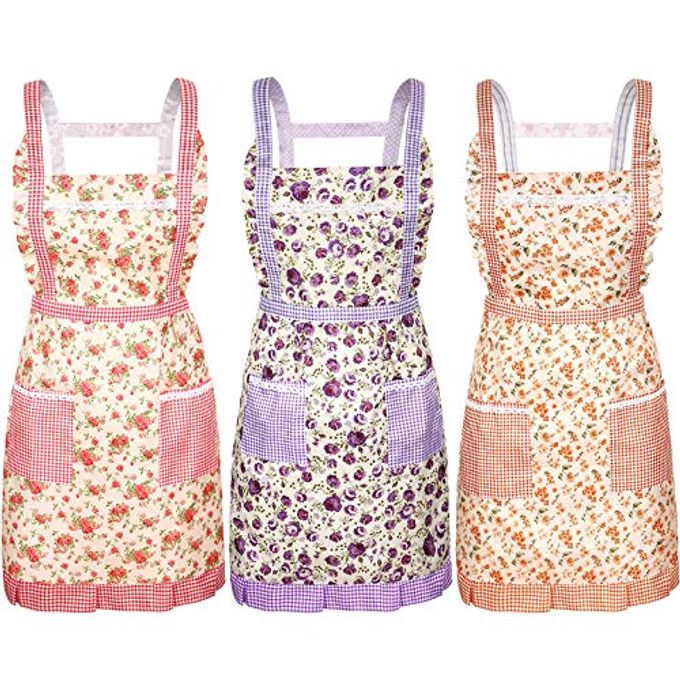 Syhood 3 Pieces Women Floral Aprons with Pockets Flower Kitchen Cooking Aprons with Adjustable Strap Waterproof Resistant Apron for Kitchen Cooking Baking Gardening Household Cleaning Supplies - Image 1