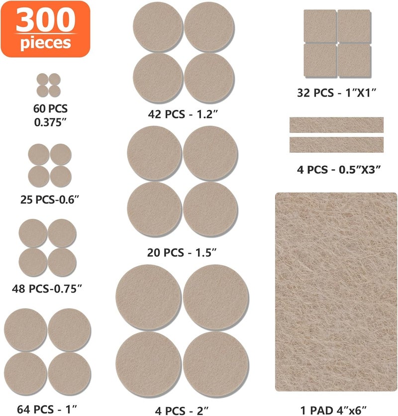 FURNIMATE Felt Furniture Pads 300 Pieces, Furniture Pads for Hardwood Floors, Floor Protectors for Furniture Legs, Felt Pads for Furniture Beige - Image 3