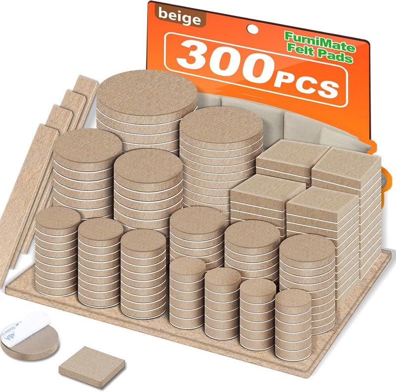 FURNIMATE Felt Furniture Pads 300 Pieces, Furniture Pads for Hardwood Floors, Floor Protectors for Furniture Legs, Felt Pads for Furniture Beige - Image 1