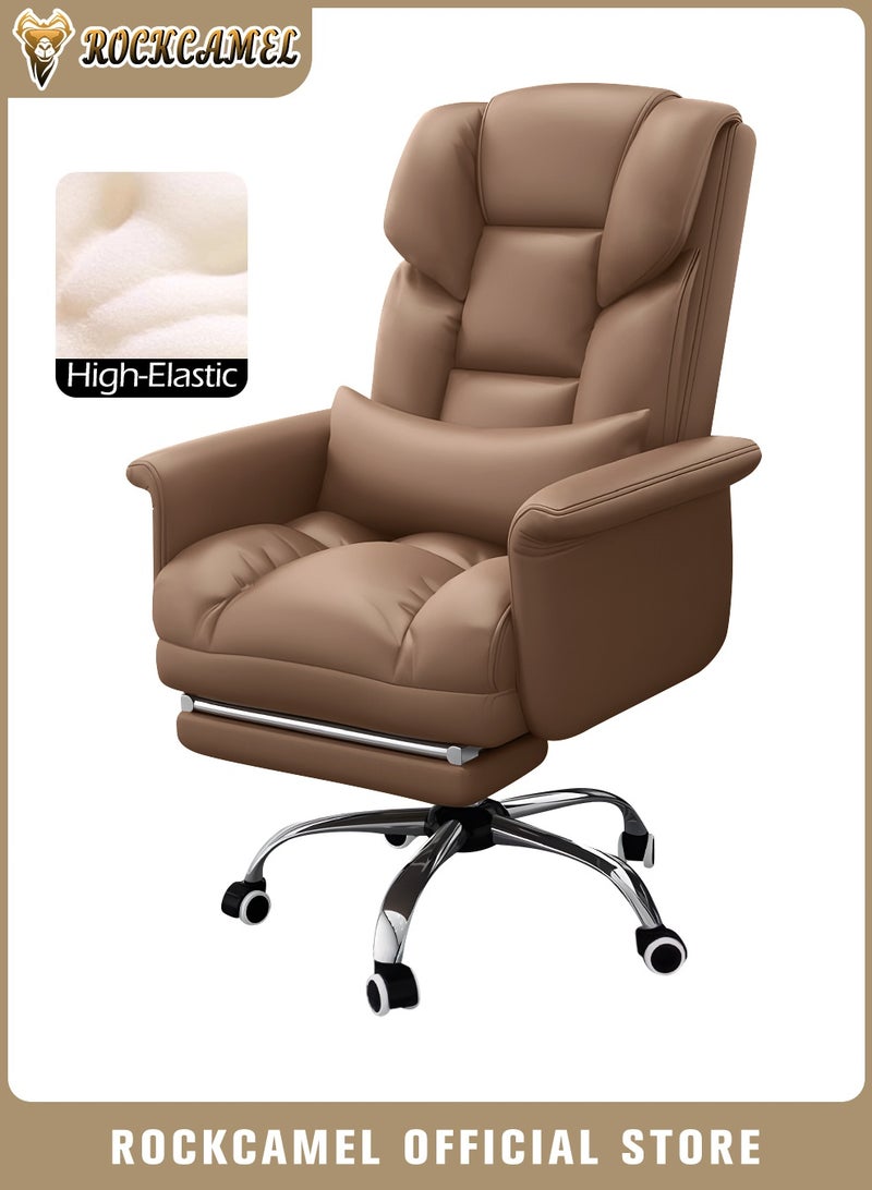 ROCKCAMEL كرسي مكتب مريح/كرسي رئيس مع دعم قطني ومسند للقدمين قابل للسحب، كرسي تنفيذي من جلد البولي يوريثان عالي الظهر، قاعدة عجلات فولاذية صامتة، دعم للرأس والذراع، كرسي مكتب كمبيوتر للمنزل أو المكتب، بني - Image 1