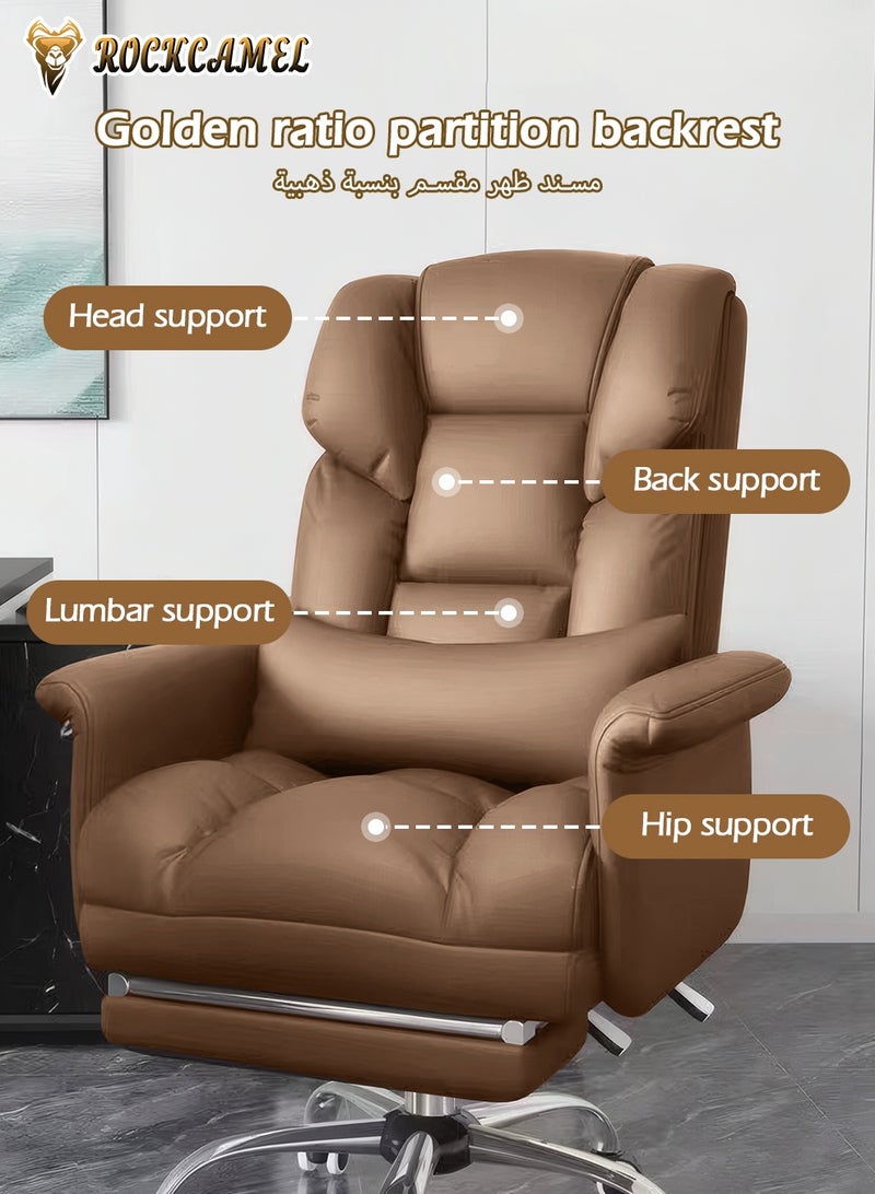 ROCKCAMEL كرسي مكتب مريح/كرسي رئيس مع دعم قطني ومسند للقدمين قابل للسحب، كرسي تنفيذي من جلد البولي يوريثان عالي الظهر، قاعدة عجلات فولاذية صامتة، دعم للرأس والذراع، كرسي مكتب كمبيوتر للمنزل أو المكتب، بني - Image 2