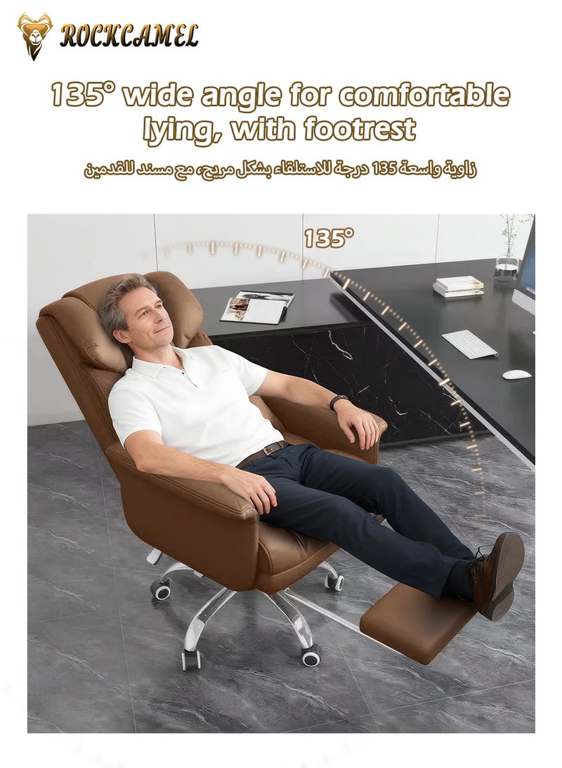 ROCKCAMEL كرسي مكتب مريح/كرسي رئيس مع دعم قطني ومسند للقدمين قابل للسحب، كرسي تنفيذي من جلد البولي يوريثان عالي الظهر، قاعدة عجلات فولاذية صامتة، دعم للرأس والذراع، كرسي مكتب كمبيوتر للمنزل أو المكتب، بني - Image 3