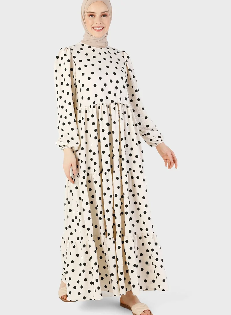 Benin by modanisa Puff Sleeve Printed Dress
