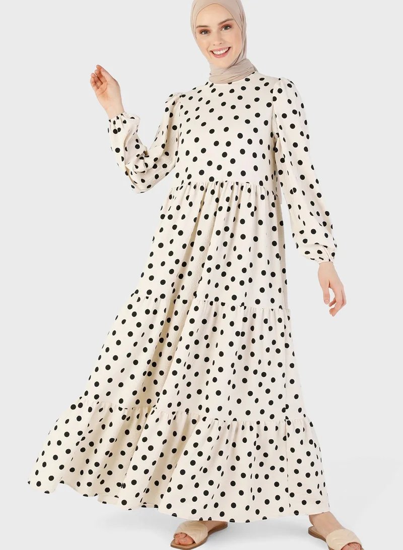 Benin by modanisa Puff Sleeve Printed Dress