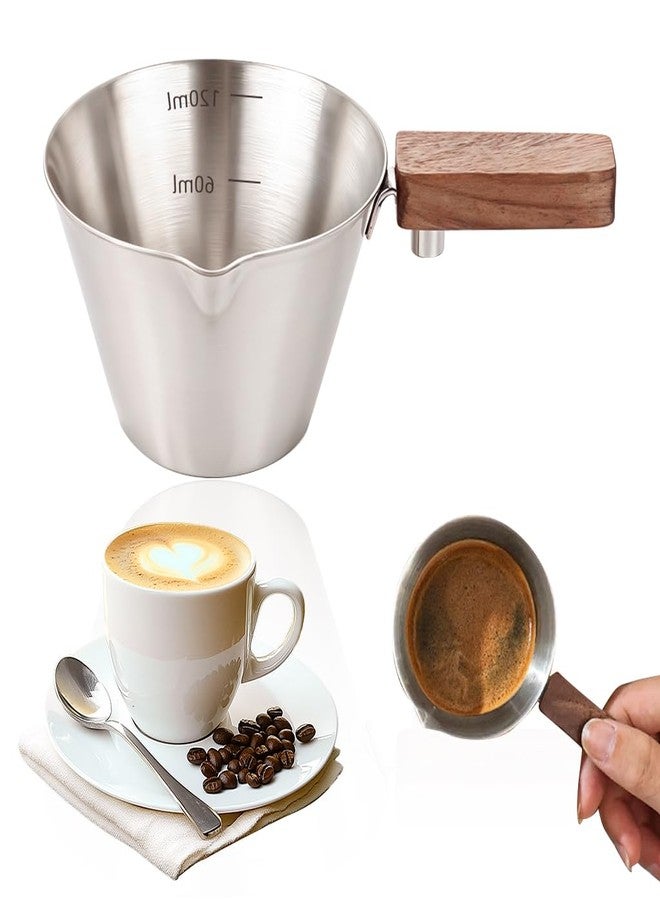سوبفوكس كوب قهوة إسبريسو Supvox® سعة 120 مل، مصنوع من الفولاذ المقاوم للصدأ المصقول، مزود بمقبض خشبي وفوهة على شكل حرف V لسهولة الصب، بالإضافة إلى وعاء صغير لقياس الزيت. - Image 1