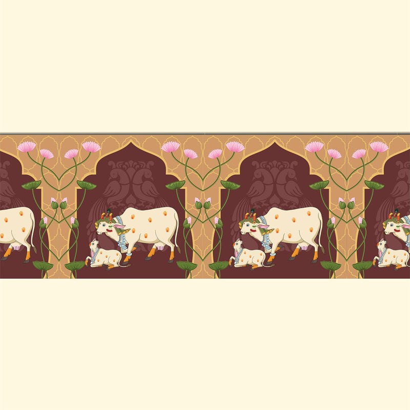 ATTRACTSO - Cow Pichwai Wall Border Peel & Stick 10 feet x 6 inch | for Home Decor, Tiles, Kitchen, Door Entrance, Floor Decoration - Vinyl matt Finish Laminated Waterproof Sticker Roll (Design 4) - Image 1