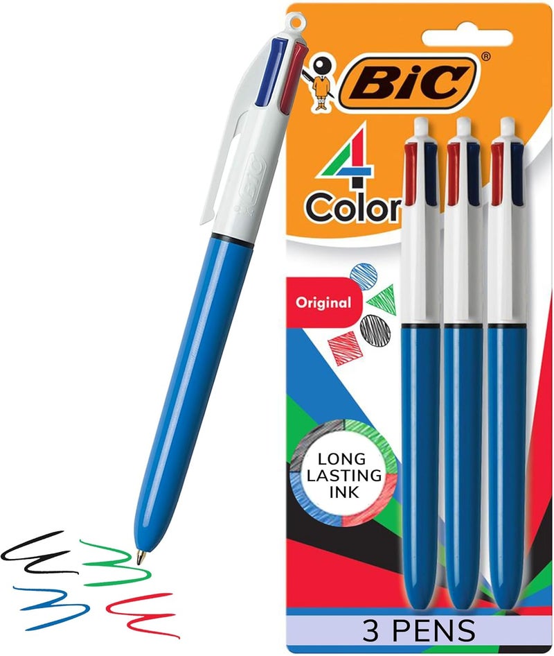Bic 4-Color Original Retractable Ballpoint Pen with 1.0 mm Medium Point, 3-Count in Assorted Ink - Image 1