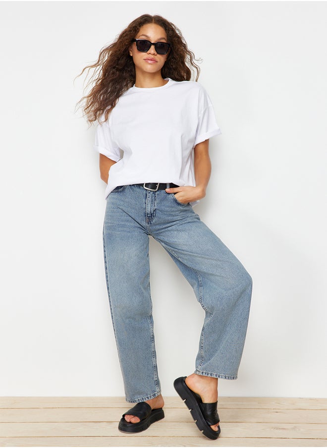White 100% Cotton Boyfriend/Wide Fit Fit Crew Neck Knitted T-Shirt TWOSS20TS0134