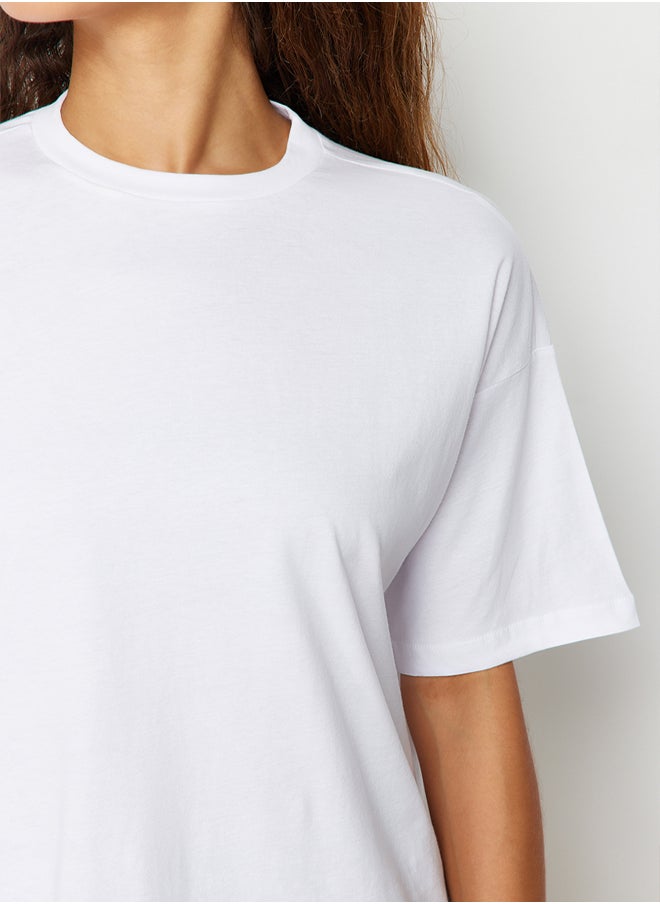 White 100% Cotton Boyfriend/Wide Fit Fit Crew Neck Knitted T-Shirt TWOSS20TS0134